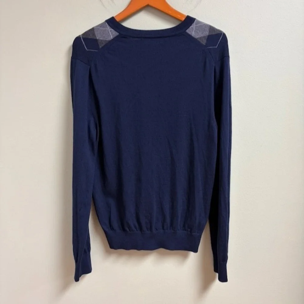 Banana Republic Mens Extra Fine Merino Wool Argyle V-Neck Sweater Preppy Navy L